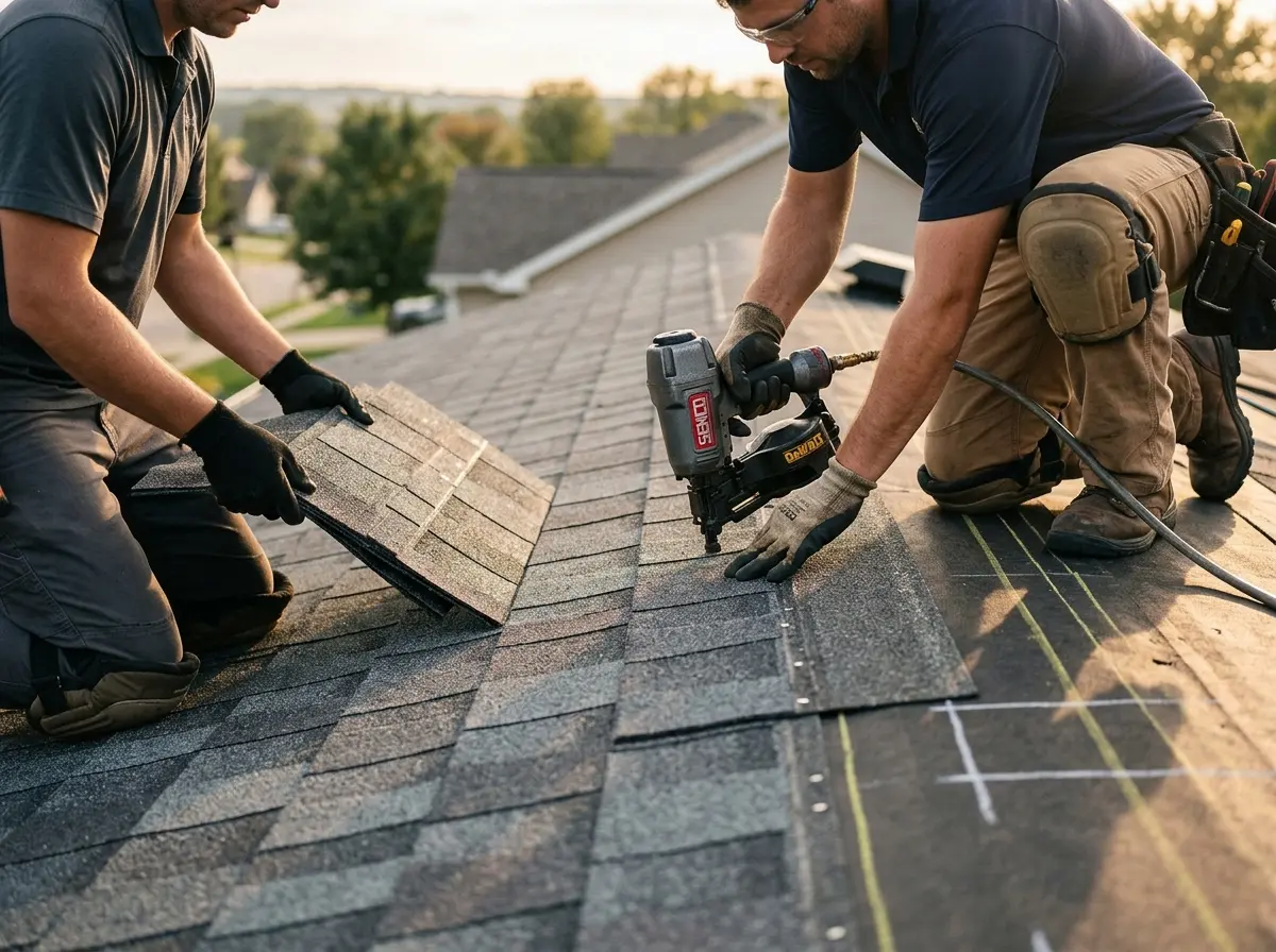 Professional roofer working on a residential roof in Laramie